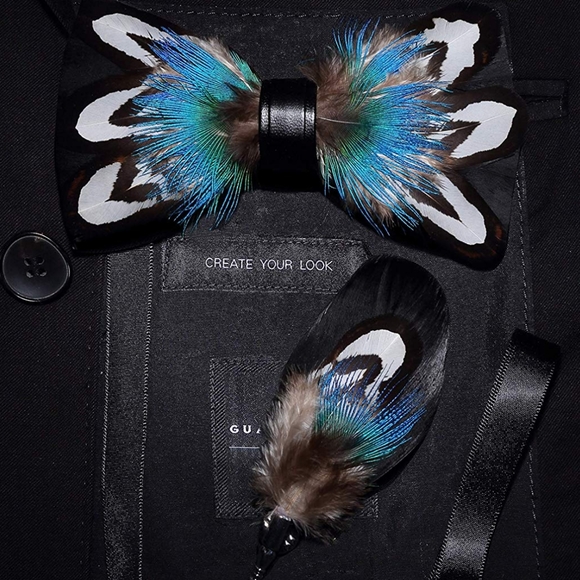 Mens Natural Feather Pre Tied Bow Tie & Lapel Pin - Picture 3 of 4